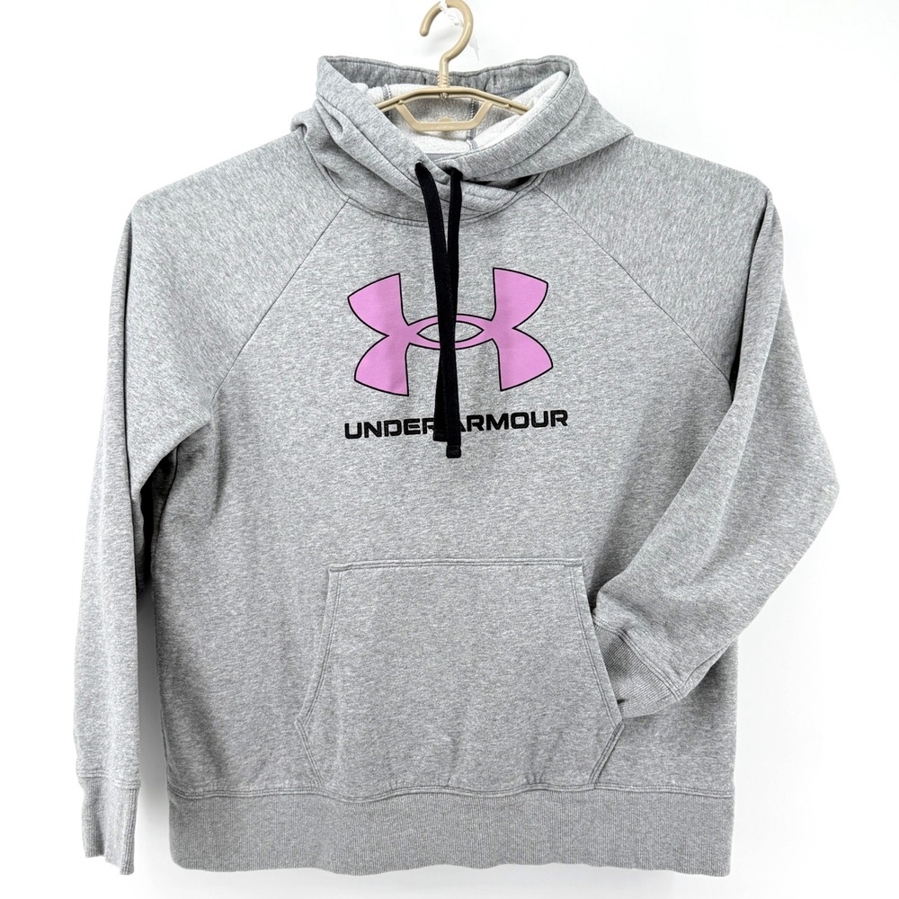 Under Armour Hoodie Womens XL Gray Pink Logo Good Loose Fit Pullover Sweatshirt - Picture 2 of 8